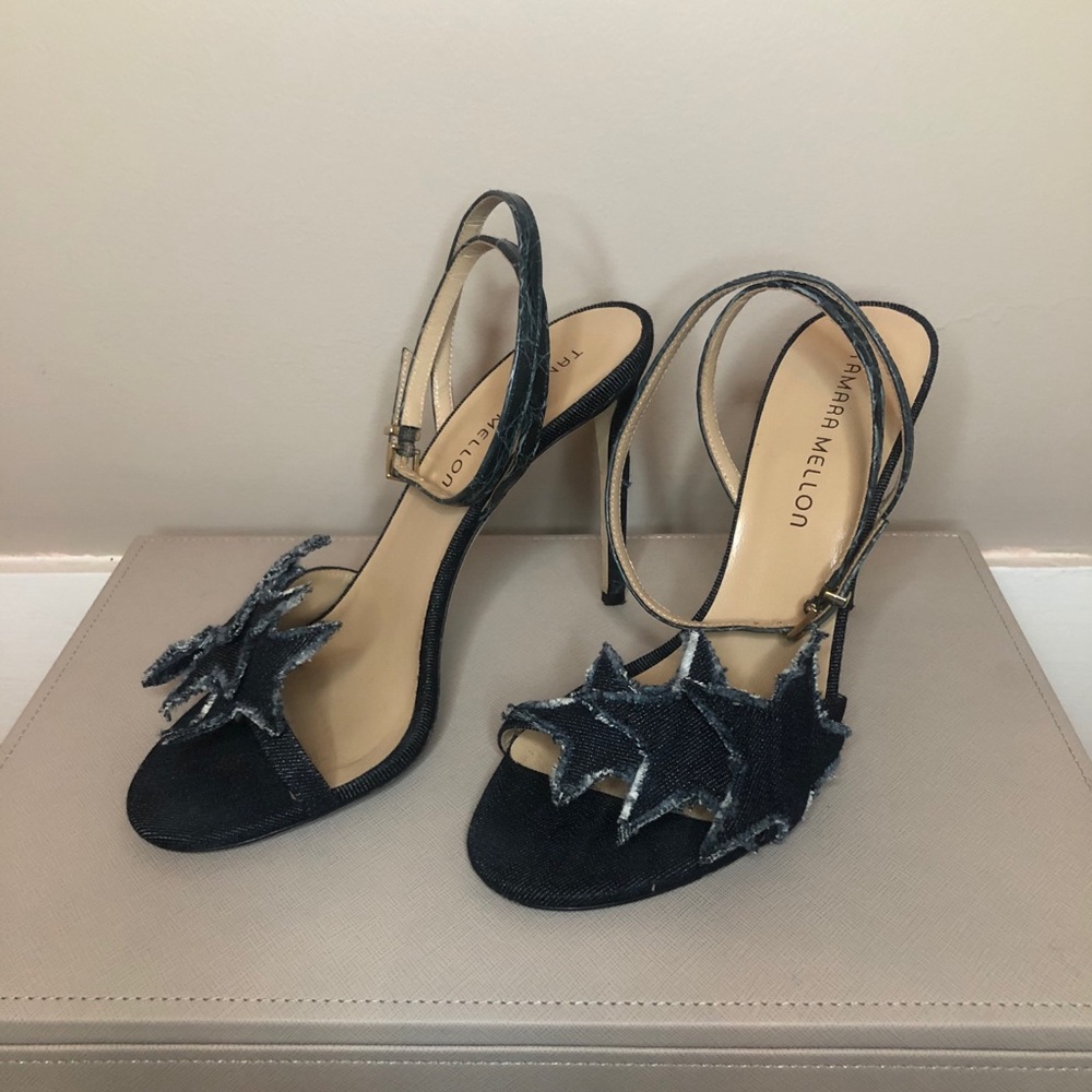 Tamara Mellon Denim and Embossed Leather Sandal